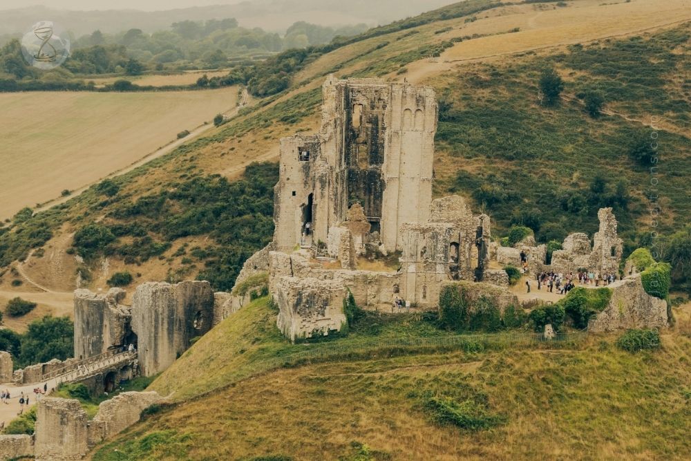 Aerial View of Corfe Castle Ruins in England