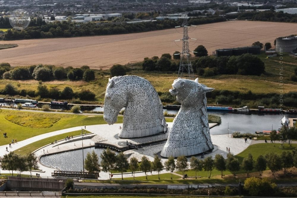 Aerial View of The Kelpies Sculpture in Scotland