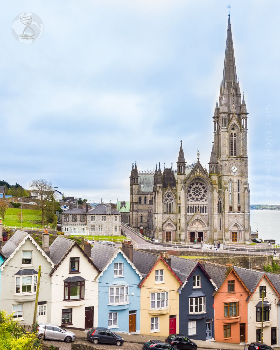 Cathedral and colored houses in Cobh, Ireland