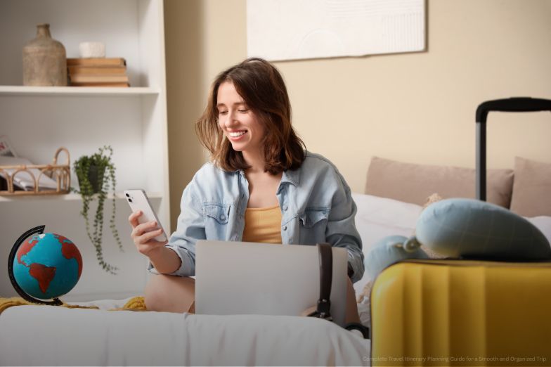 Female Traveler Using Mobile Phone in Bedroom